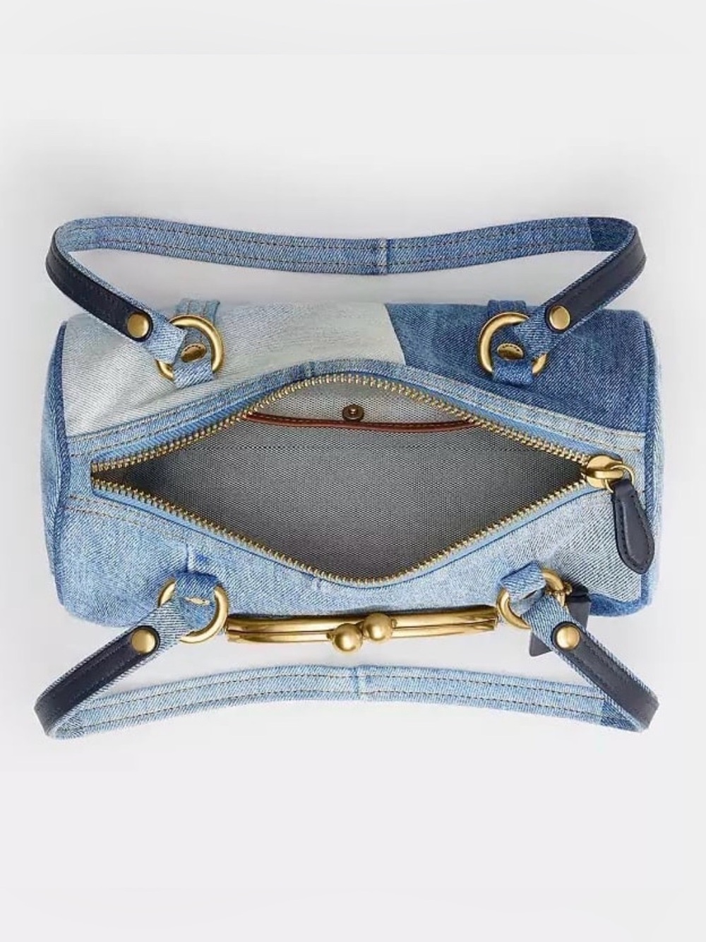 Coach Kisslock Barrel Bag 28 in Repurposed Denim & Soft Leather Brass/Indigo NWT - Picture 10 of 13